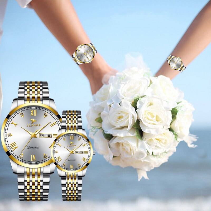 Reloj de lujo para parejas, relojes de pulsera de cuarzo dorados de , de acero inoxidable, analógicos, para mujeres y hombres