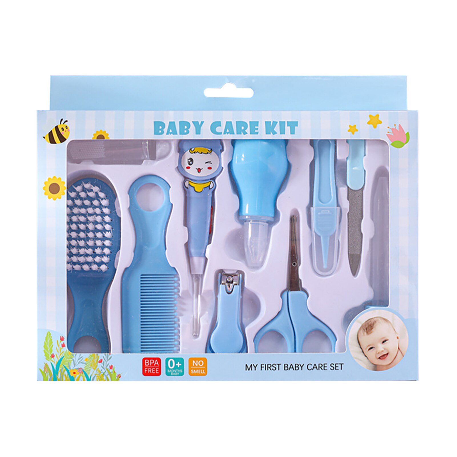 10 pçs manicure recém-nascidos cuidados diários cuidados de enfermagem grooming prego clipper acessórios de segurança portátil kit cuidados de saúde do bebê nariz mais limpo: Azul