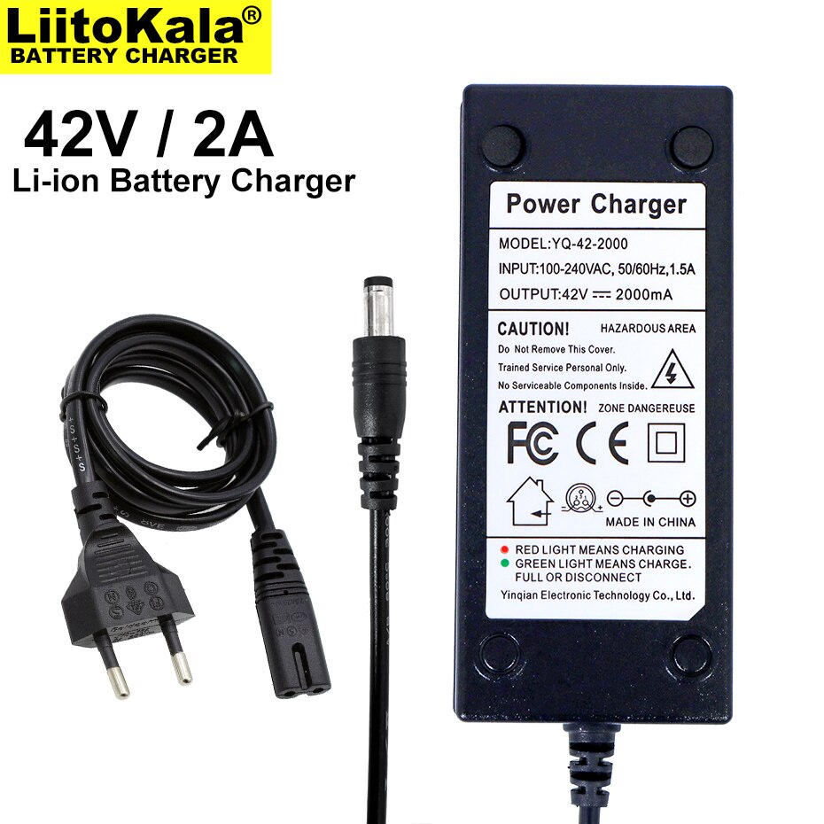 Liitokala-cargador de batería de 36V, cargador de salida de 42V y 2A con entrada de 100-240VAC, cargador de iones de litio para bicicleta eléctrica de 10S y 36V, 2 uds.