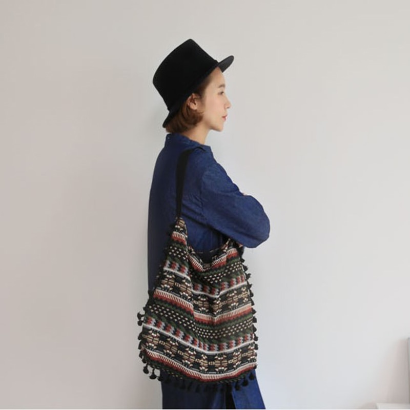 Women Vintage Shoulder Bag Tassel Ethnic Retro Casual Tote Female Folk Boho Shopping Bag Knitting Woven Lady Handbag SS0379
