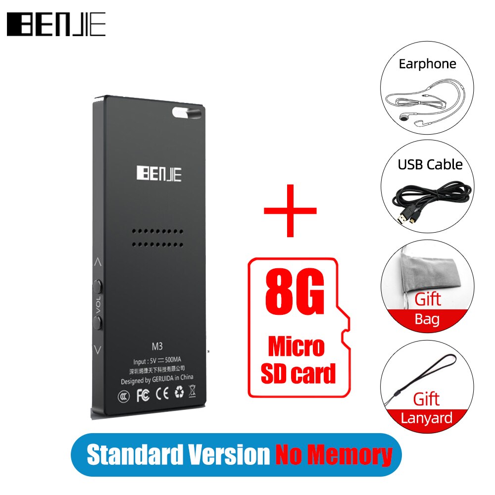 BENJIE-reproductor MP3 M3 sin pérdidas, Audio portátil HiFi, Bluetooth, Compatible con MP3 con altavoz incorporado, Radio FM, E-Book, Compatible con tarjeta TF: Add 8G TF Card
