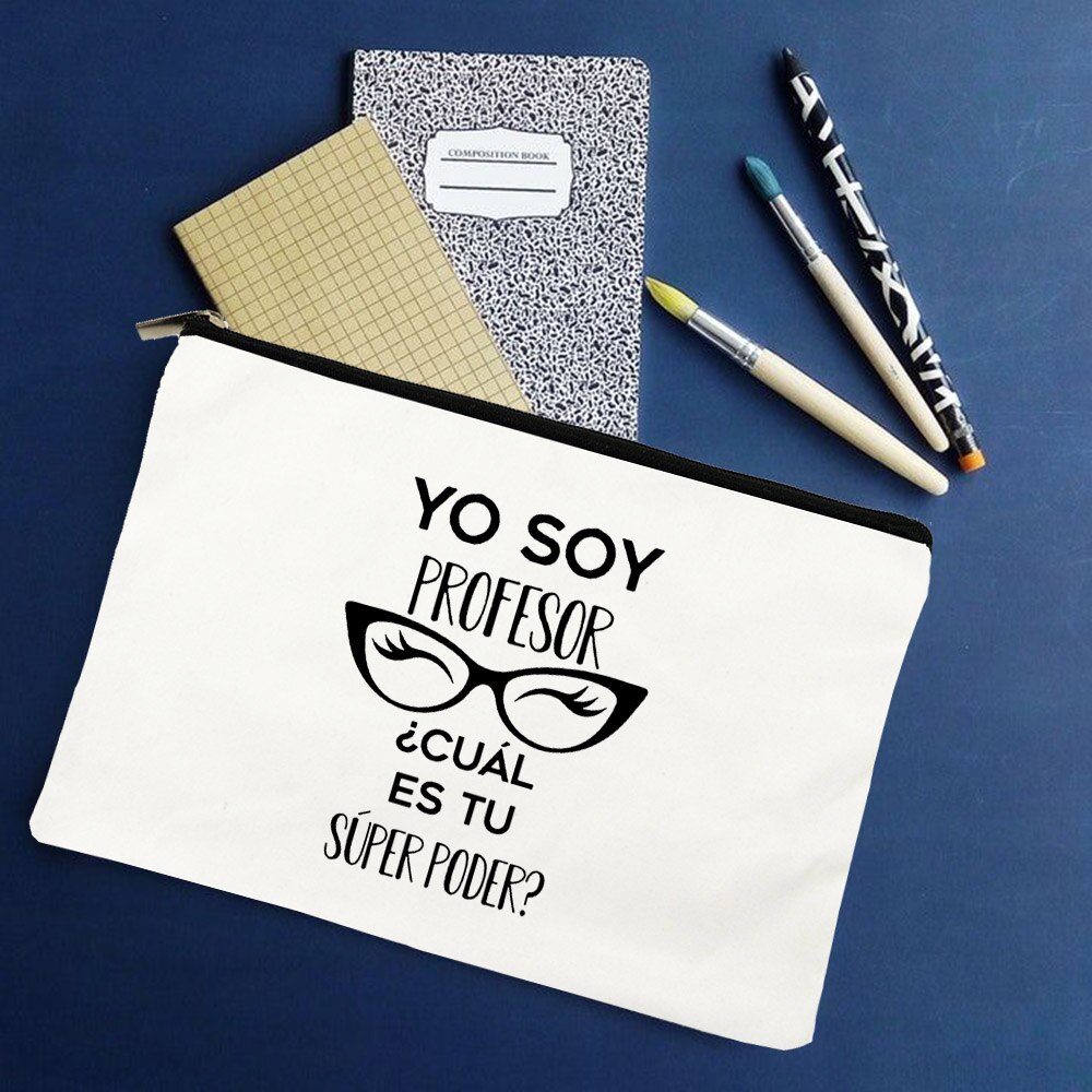 Yo Soy Profesor Cual Es Tu Superpoder Spaans Make Tassen Leraar Canvas Potlood Opslag Pouch Reizen Toiletartikelen Organizer: W01319-TBWH-D
