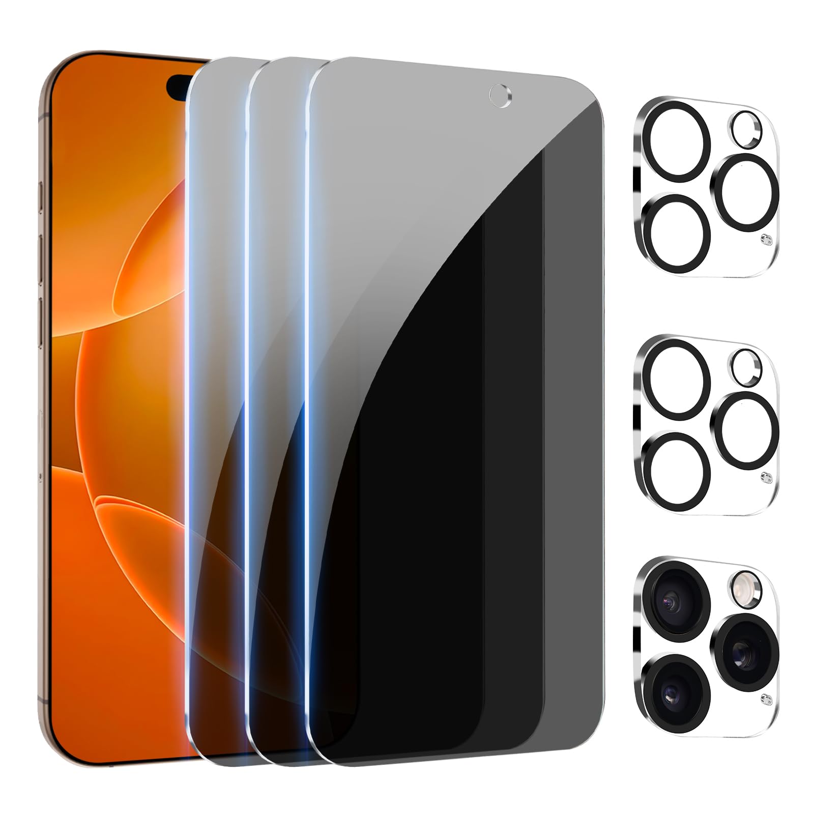 Paquet de 3 protecteurs d'écran de confidentialité pour iPhone16 15 14 13 12Pro Max + 3 paquets de protecteur d'objectif d'appareil photo, verre trempé Anti-espion dureté 9H