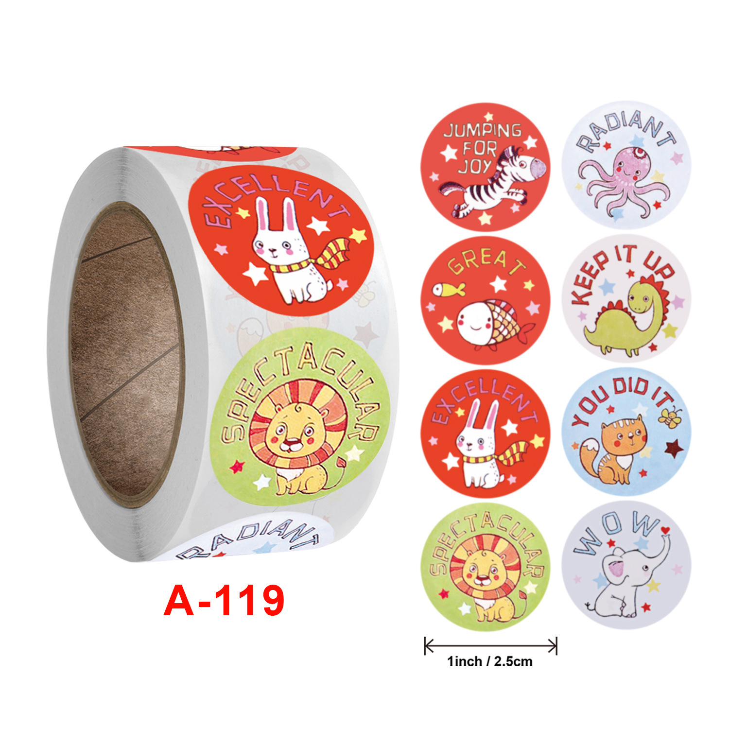 500 Pcs/Roll English Cartoon Animal Stickers Teacher Reward Students Stickers Self-adhesive Stationery Stickers
