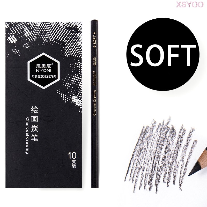 NYONI 10/12Pcs 14B Pencil Set Dedicate Charcoal Pencil Soft Medium Hard Painting Pencils Sketch Pencil Art Supplies Staionery: 10 Soft-black