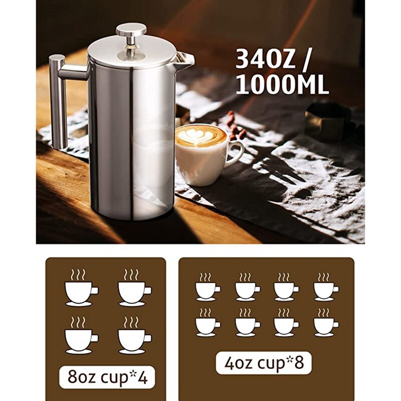 Cafetera francesa de acero inoxidable con 8 tazas, máquina de café expreso de doble pared, con aislamiento, para té o cafetera, 1000ML