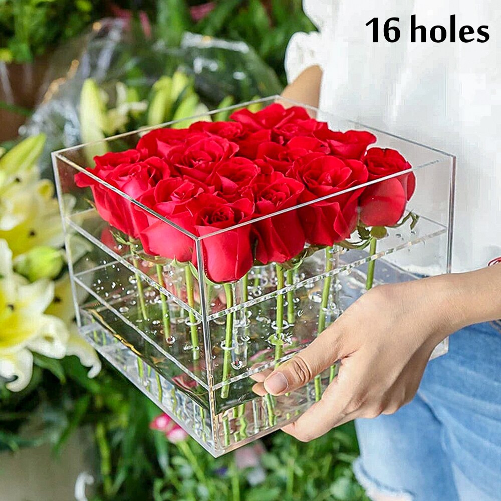 Rose Bloem Doos Transparant Acryl Make Organizer Materiaal Cosmetische Case Houder Met Deksel Make Organizer Voor Valentijnsdag: A 16 holes