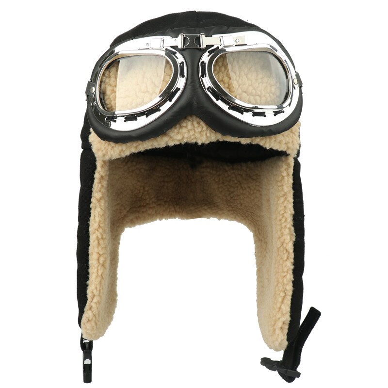 Winter Bomber Hats Earflap Russian Ushanka with Goggles Men Women's Trapper Pilot Hat Faux Berber Fleece Thermal Snow Caps: Black with Goggles