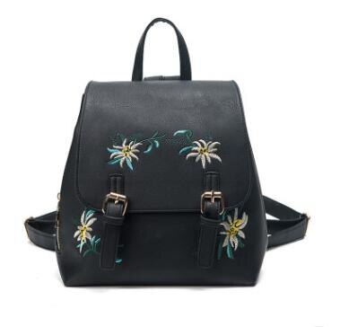 Mochilas de cuero para mujer, mochila a la para mujer, mochilas de escuela para niñas, Mochila pequeña con bordado Floral, mochila con flores: Black