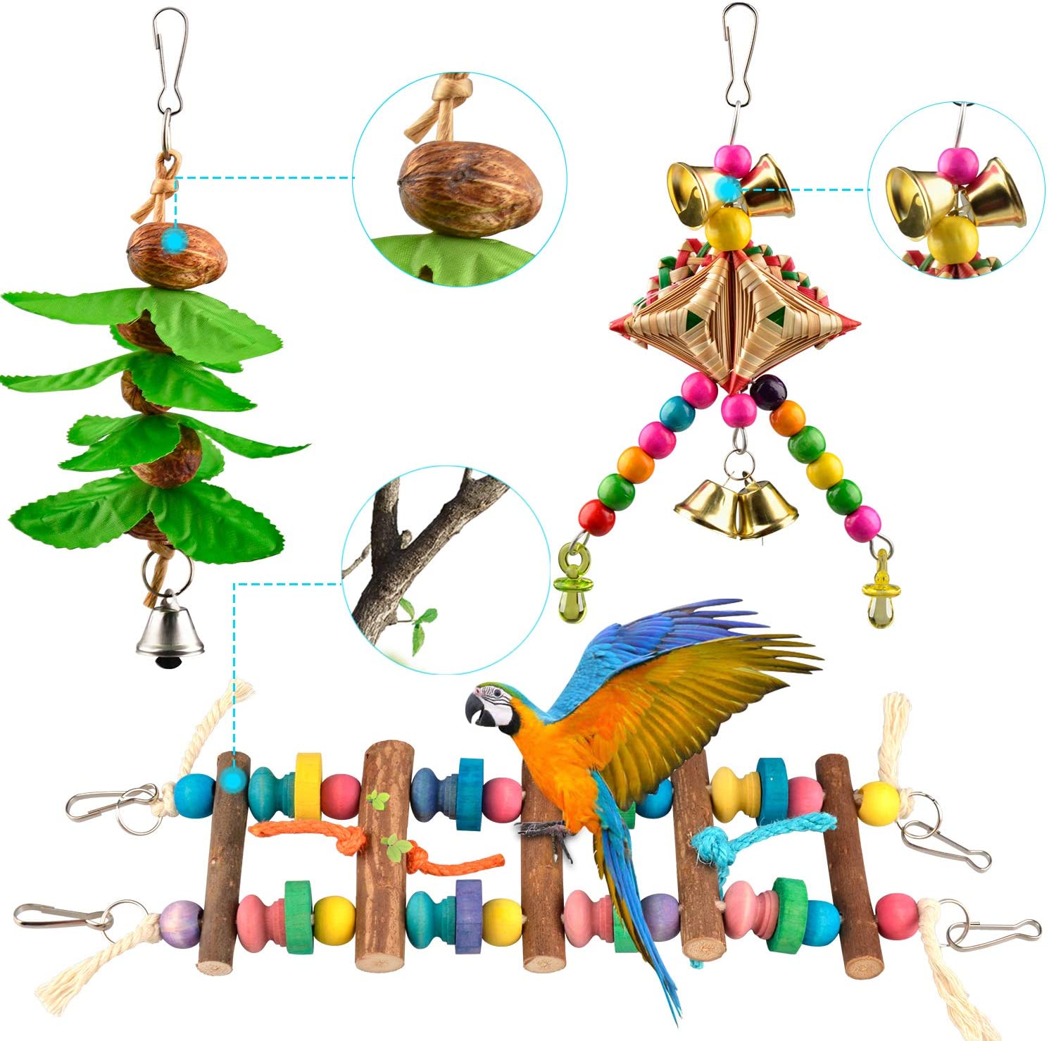 Columpio para aves de juguete, 6 uds., columpio para masticar, para loros, canarios, perchas colgantes con campanas, periquitos, juguetes para masticar