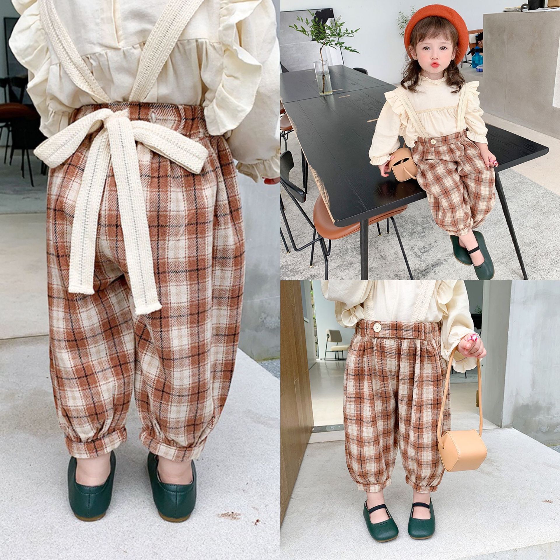 Pantalones de otoño Retro de tela escocesa para niño niña ropa de otoño para niños