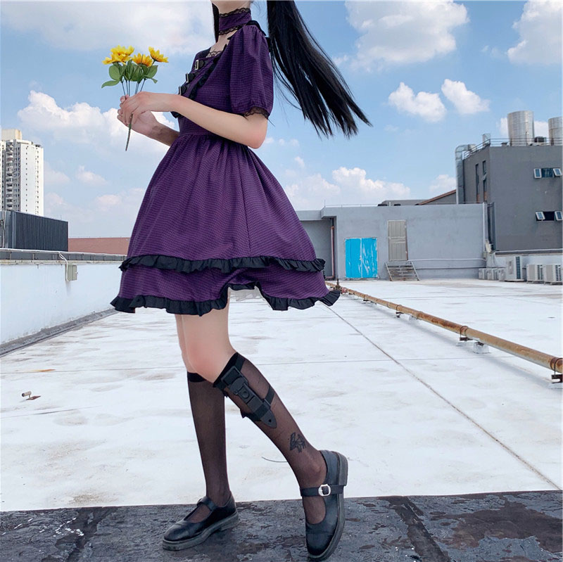 Harajuku Gothic Lolita Dress Japanese Summer Girls Purple Plaid Kawaii Mini Dress Women Sweet Lace Ruffles Punk Dresses