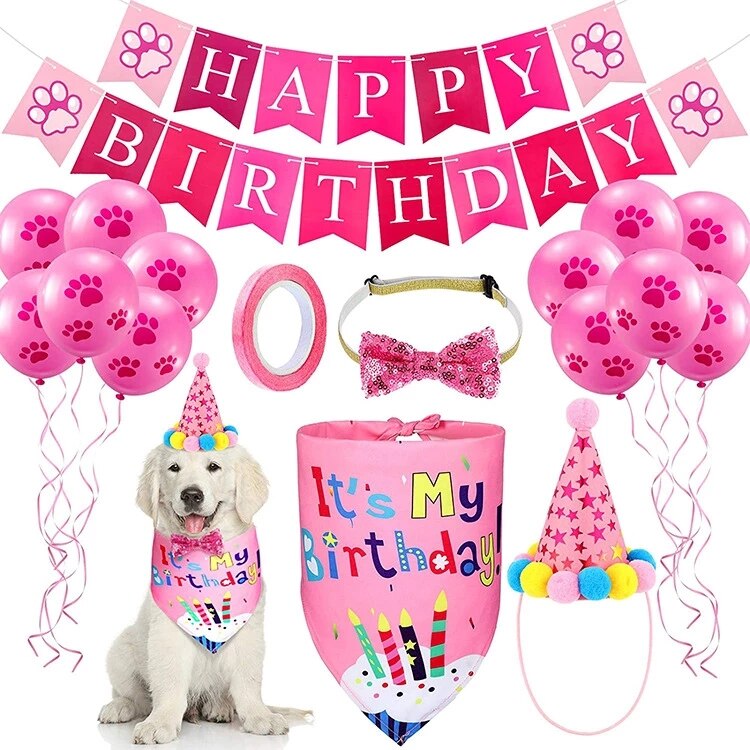 Handmade Dog Birthday Bandana Set Party Pet Pull Flag Triangle Scarf Cake Hat Decoration for DIY Pet Party Supplies: Pink My Birthday