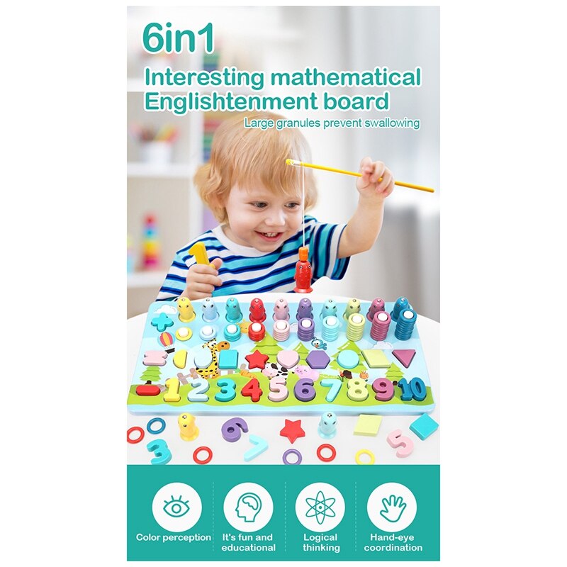 Educational Wooden Toys Children Matching Board Math Fishing Children's Wooden Toy Counting Geometry Shape Match