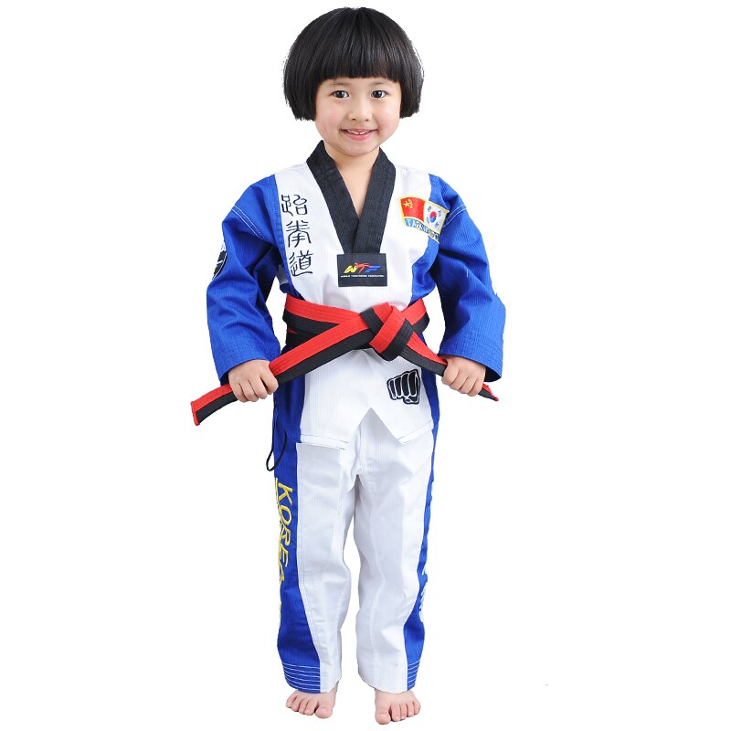 Top Grade colourful Taekwondo uniform Red Black WTF tae kwon do clothes Red karate dobok Chromatic TKD V-neck suit for kids