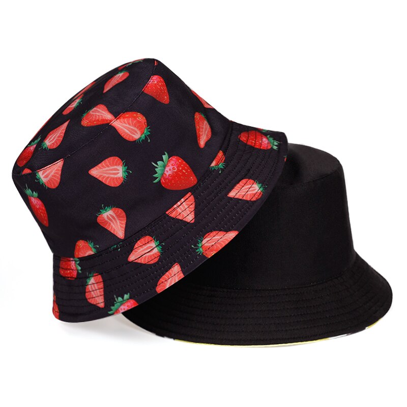Neutrale fruit bedrukte vissershoed heren outdoor reis zonnehoeden dubbelzijdig draagbare zomerhoed panama emmerhoed: Zwarte aardbei