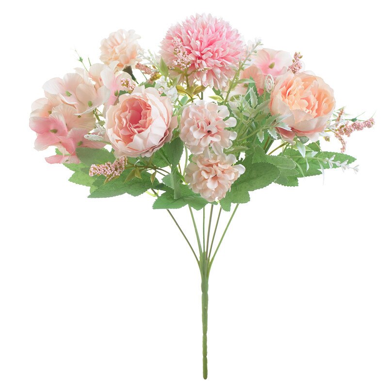 1pc kunstige blomster silke kamelia pæon mini bryllupsblomst buket hortensia til hjemmefest dekoration indendørs: Lyserød -b2