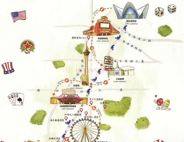 Las Vegas Travel Map Nevada Attractions Travel Guide Chinese and English callouts