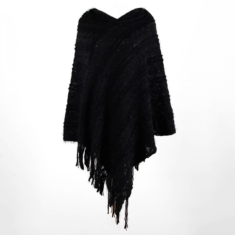 Otoño , manto con capucha para mujer, manto con flecos a rayas, suéter para mujer, Ponchos y capas casuales, ropa de invierno, prendas de vestir para mujer: Black