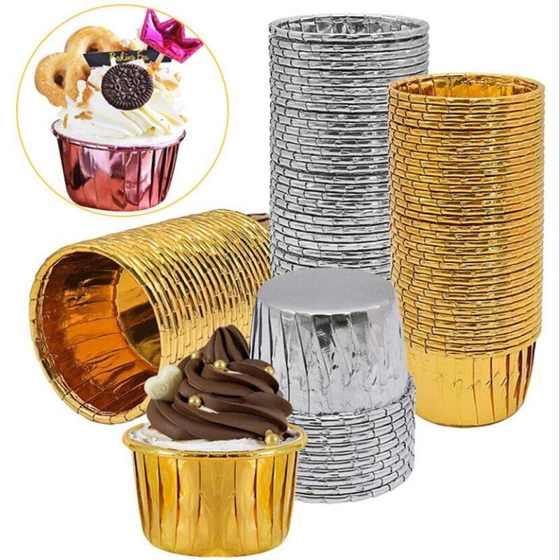 50 Stuks Cupcake Wrappers Krimpen Muffin Gevallen Cake Liner Goud Zilver Gecoat Papier Kopjes Hittebestendig Bakvorm Taart Benodigdheden