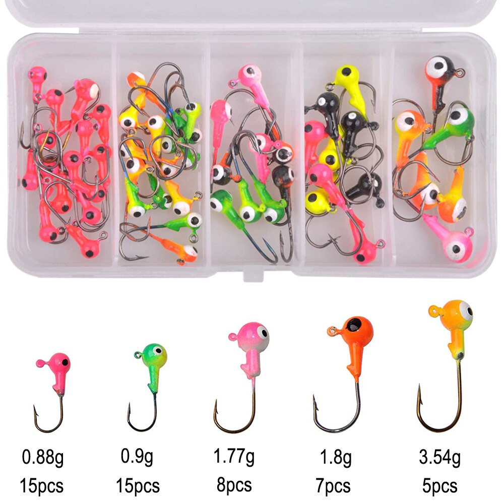 38 st /50 st vev jigg huvud krok set blandad färg fiske krok jigg huvud locka hårt bete mjuk mask jigg krok för bas öring: 50 st-låda