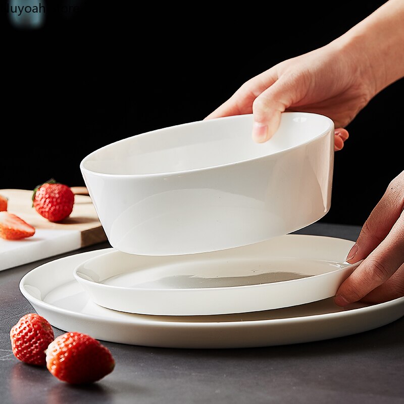 Pure White Ceramic Plate Bowl Home Nordic Vegetable and Fruit Salad Bowl Plate Dish Steak Plate Restaurant Storage Tableware