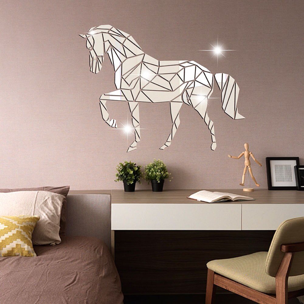 Cheval en forme de miroir acrylique Stickers muraux chambre salon décor accessoires de décoration de la maison