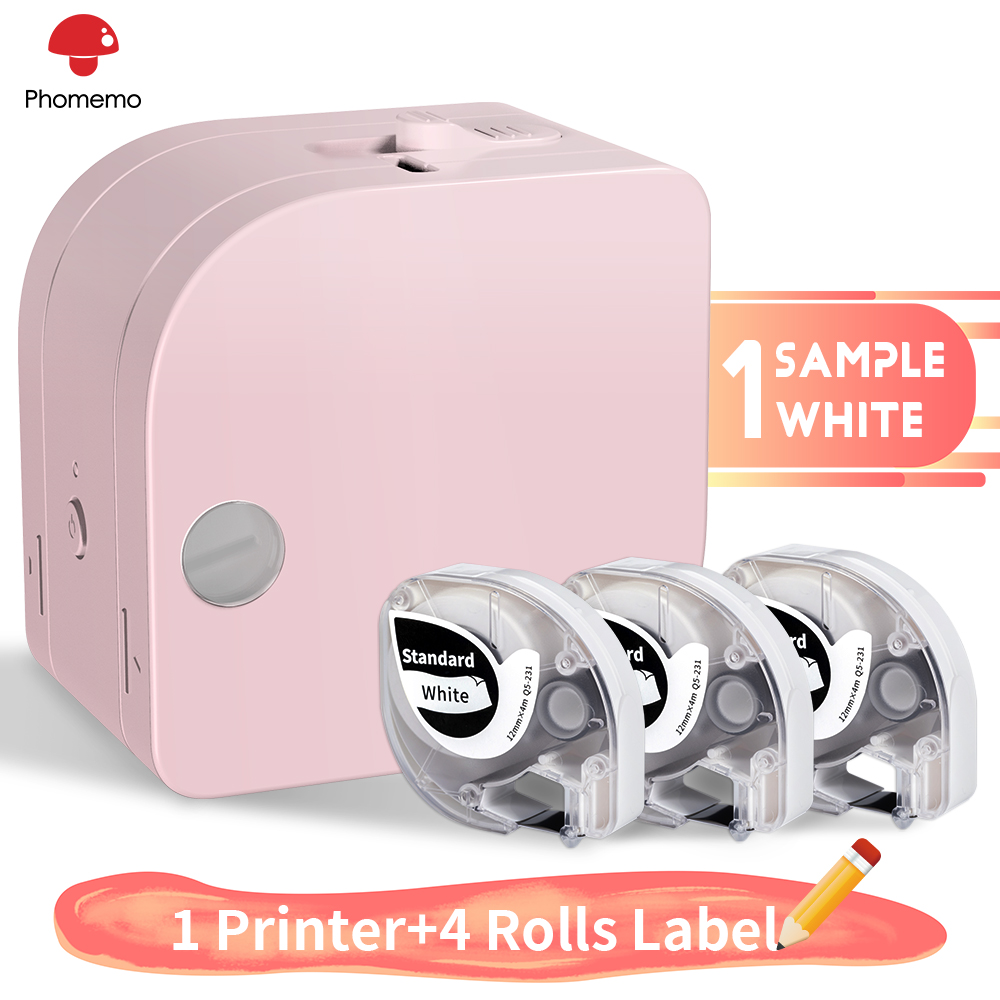 Phomemo Printer Transfer Thermal Printing With 4 Rolls White Label Tapes Mini Impresora Label Maker Using Organization: 1Pink 4 Rolls White