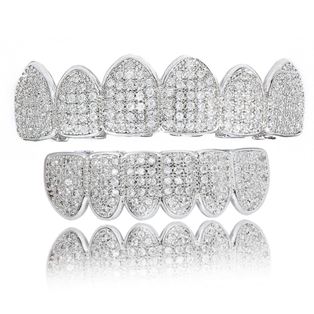 Hip Hop Cubic Zirkoon Tanden Grillz Top Bottom Grills Dental Mond Punk Tand Caps Cosplay Rapper Sieraden: silver