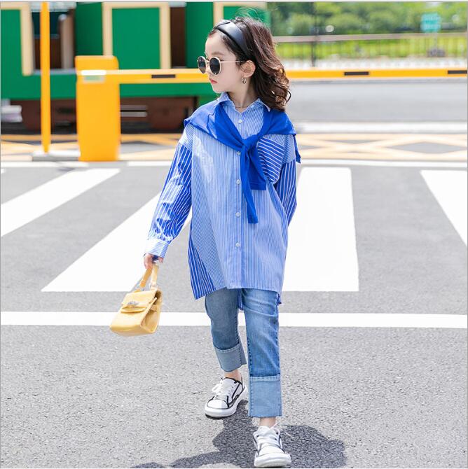 Girls Blouses Autumn Teen Girls Blue Striped Cotton Long Sleeve Shirts Children Top Kids Clothing