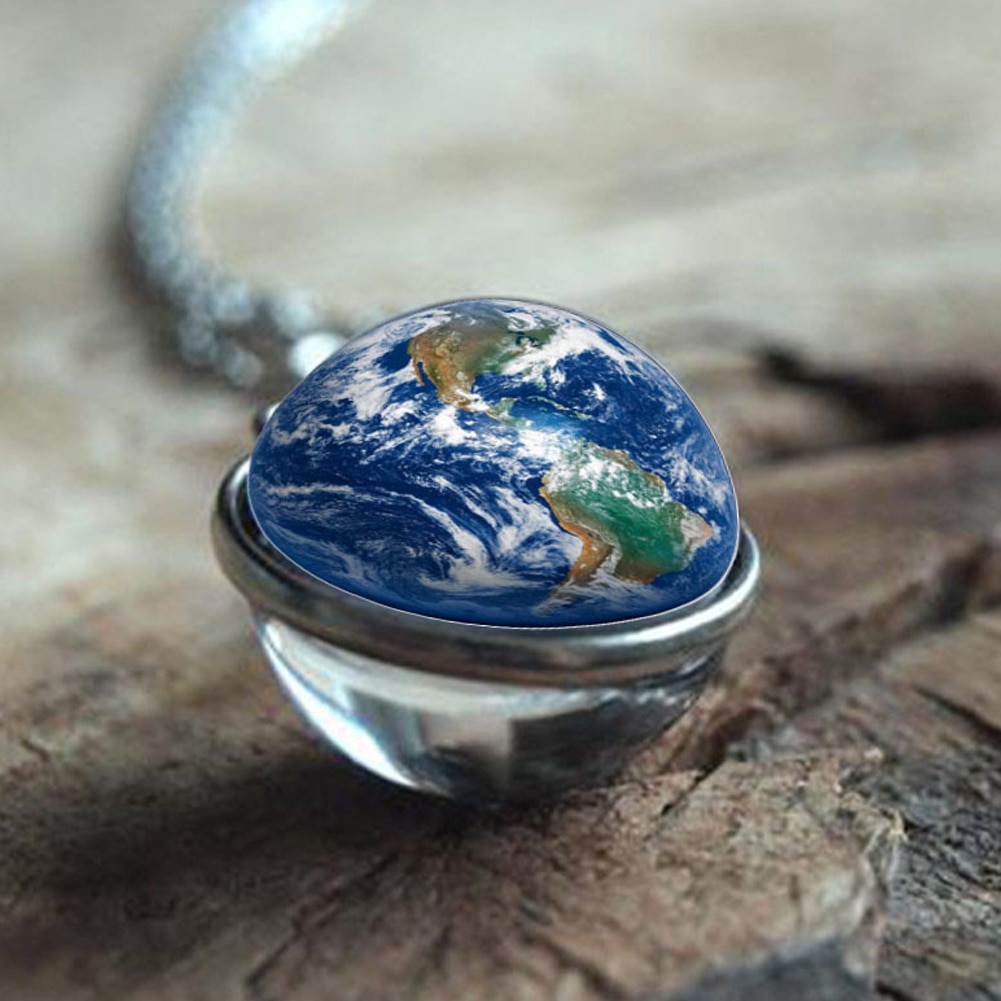 Personality Double Side Glass Ball Necklace Earth Planet Pattern Jewelry Galaxy Astronomy Pendant Necklace for Men