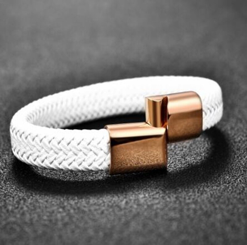 Unisex trend armbånd par smykker hvidt vævet læder metal magnetisk knap armbånd: 20cm- guld
