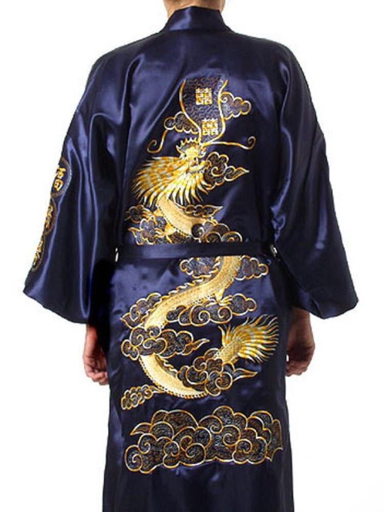 Men Robe V Neck Kimono Sleepwear Nightgown Embroidered Dragon Robe Cardigan Bathrobe Home Clothes Lounge Loose Sleep Dress: XL / Blue