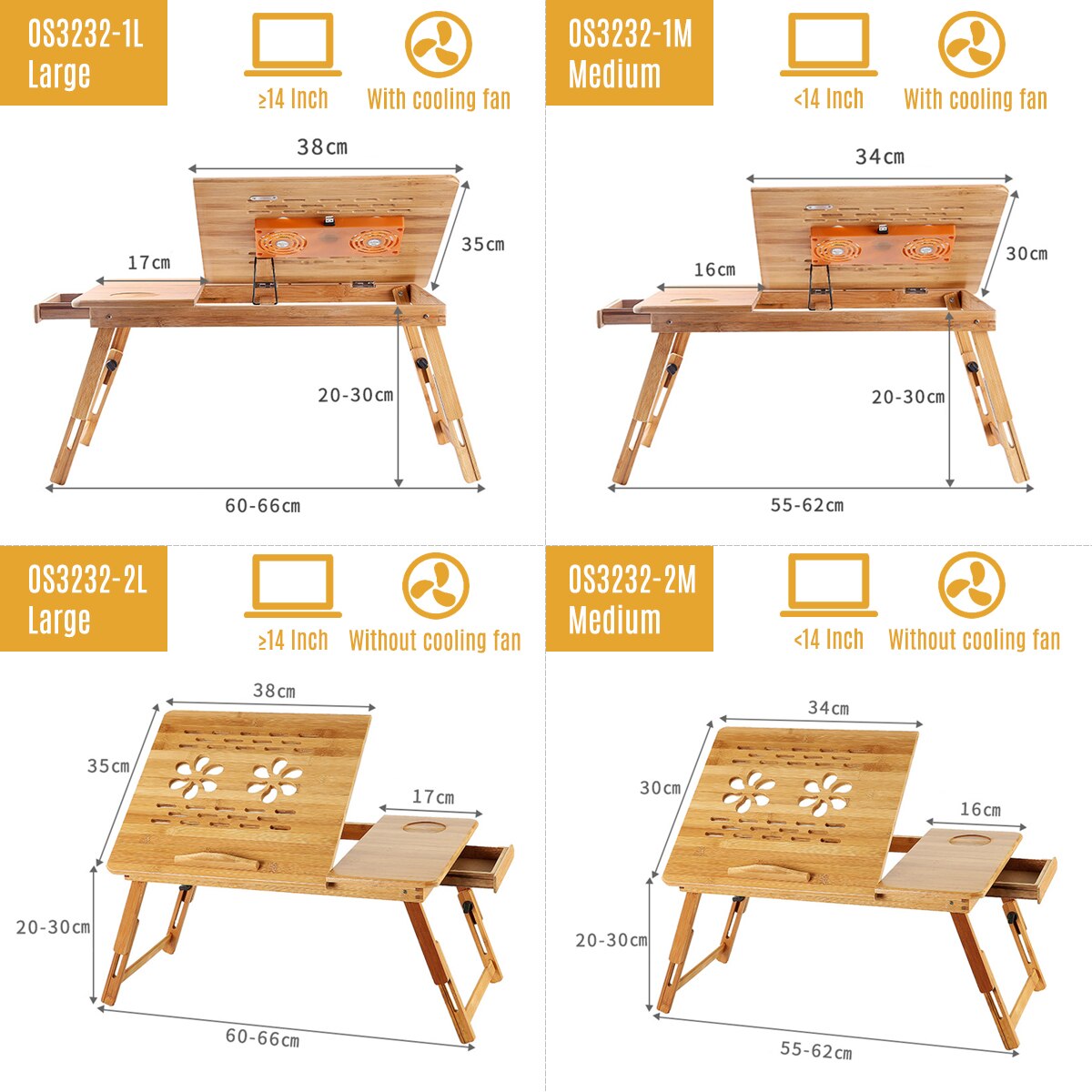 Soporte de escritorio de bambú para ordenador portátil plegable, para desayuno, mesa tipo bandeja para cama, altura ajustable con 4 ángulos, cajón superior inclinable