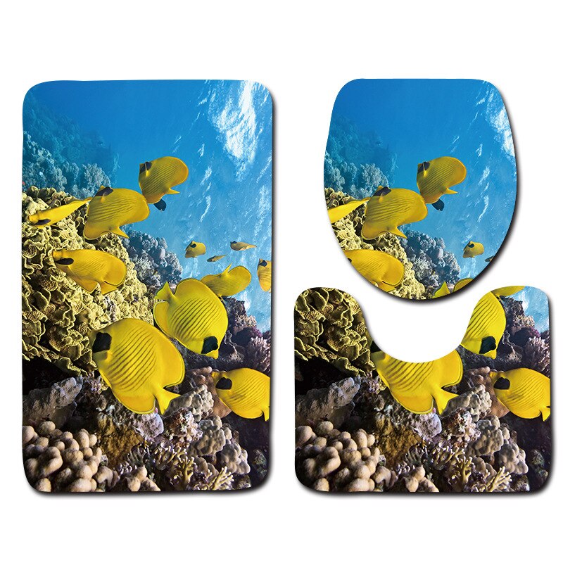 Zeegle 3D poisson imprimé salle de bain tapis 3 pièces anti-dérapant tapis dans les toilettes lavable piédestal tapis couvercle toilette couverture tapis de bain
