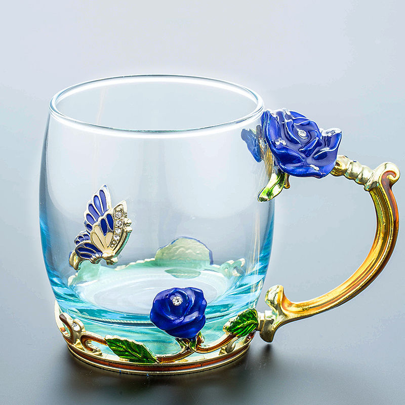 Enamel Water Cup Glass Cup Household Set Flower Tea Crystal Coffee Mug Beer Mug with Handle Wedding Tableware: A