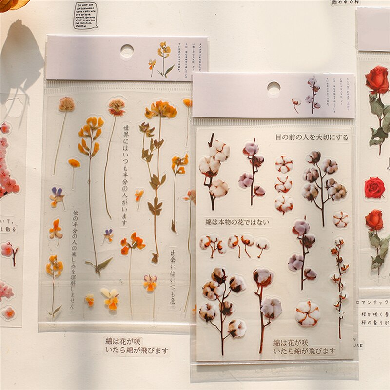 Kokorosa12 Designs Natural Daisy Clover Japanese Words Stickers Transparent PET Material Flowers Leaves Plants Deco Stickers