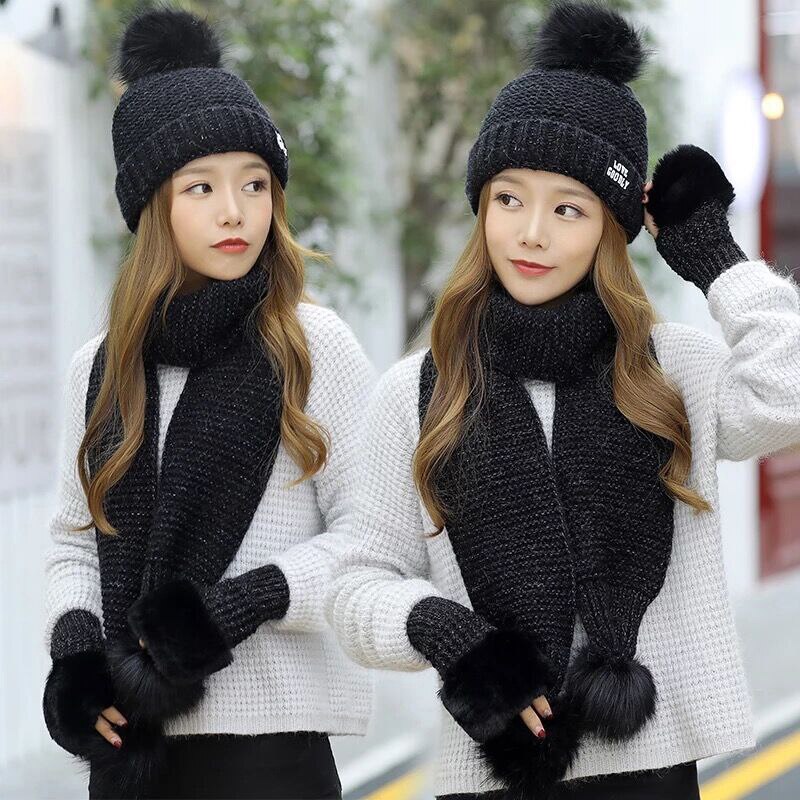 Kvinder kitted uld vinter hatte til piger hat og tørklæde handsker tre stykker kvinders hat tyk varm pom pom hat tørklæde handske sæt: Sort