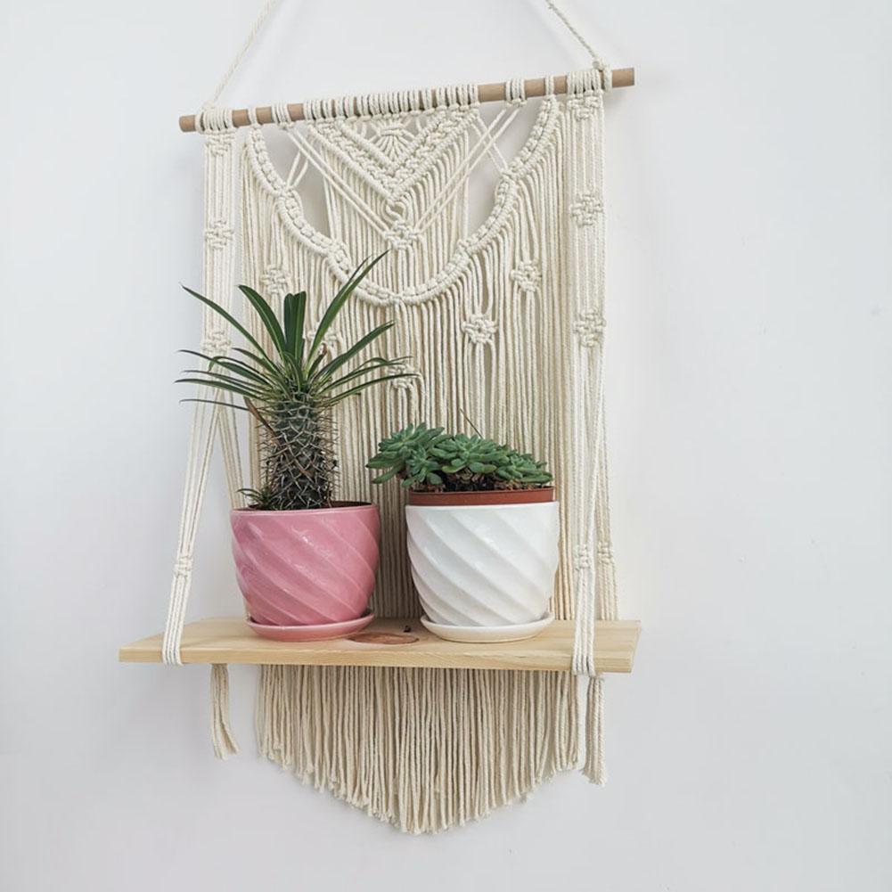 Maceta colgante de macramé para pared, hecha a mano, con borlas, estante de madera, tapiz, decoración para dormitorio y apartamento