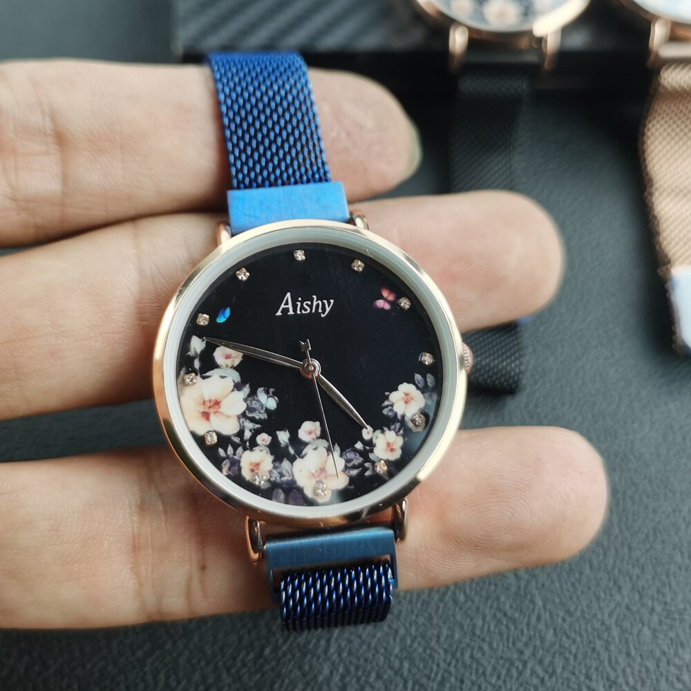 Aishy Dameshorloge - Milanese Magneetband - Quartz Uurwerk - 34mm Wijzerplaat: Blauw