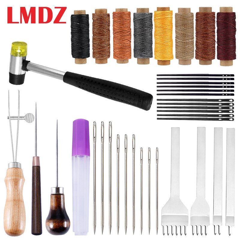 LMDZ Leather Sewing Kit Waxed Thread Leather Needle Awl Leather Hole Punches Leather Working Craft Repair Kit for Hand Sewing