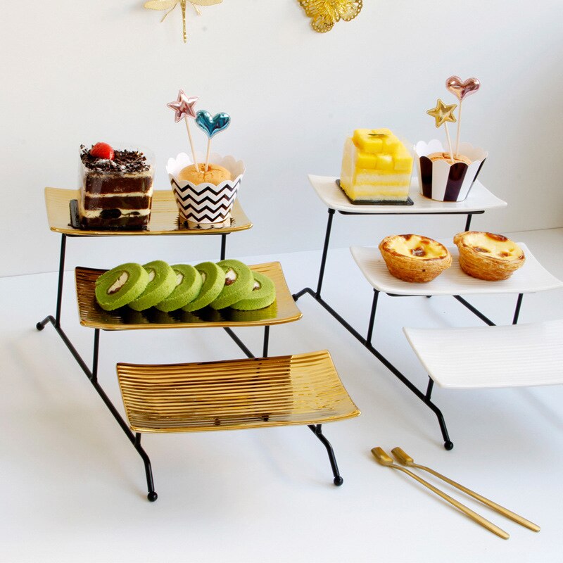 Eenvoudige Moderne Europese Luxe Servies Drie-Layer Cake Plaat Verwisselbare Iron Keramische Combinatie Gebakje
