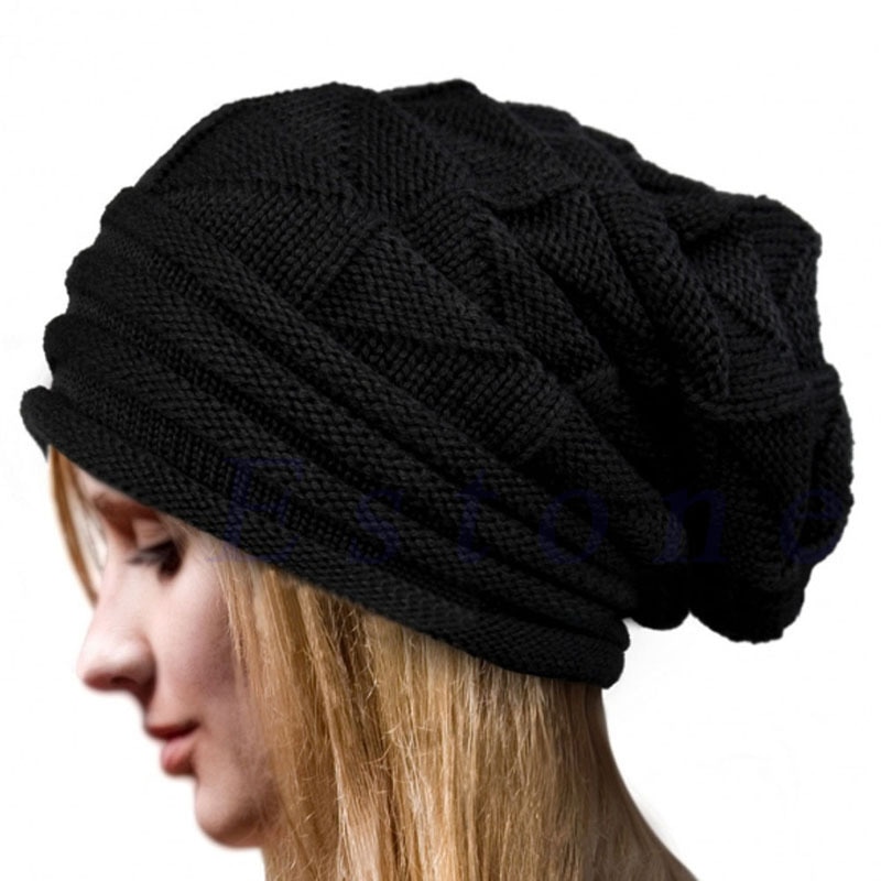 Kvinner hekle strikket stripet oversize posete slouchy lue høst menn lue varm vinter ski dame ullluer: Svart