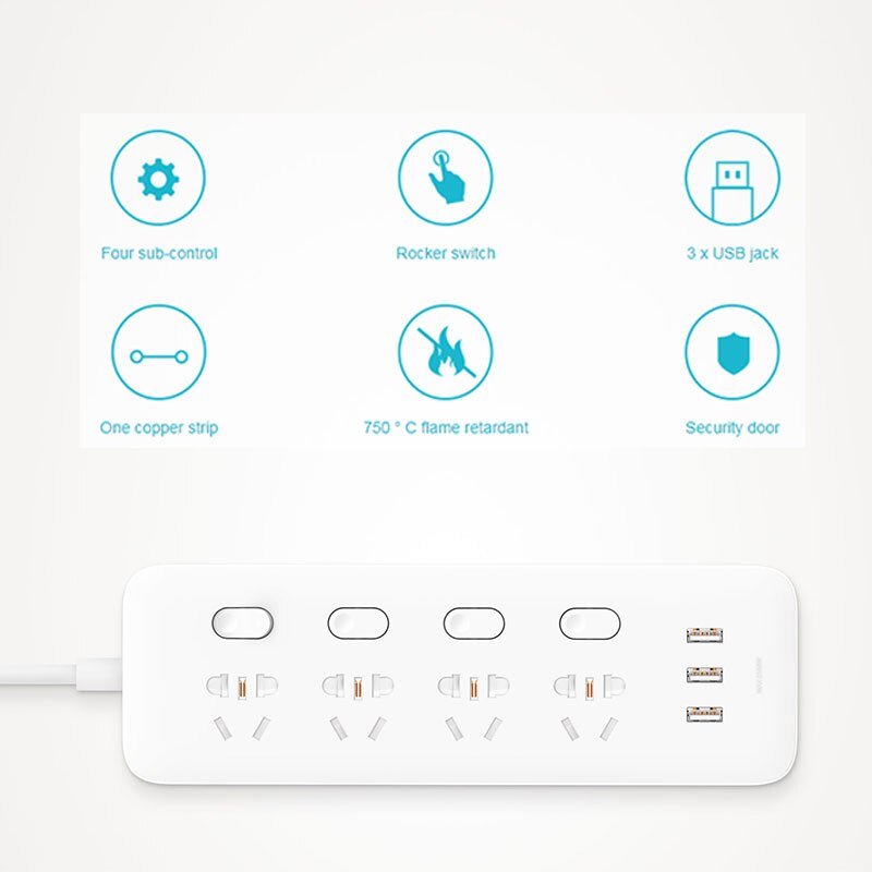 Original Xiaomi Mijia Power Strip 4 Sockets 4 Individual control Switches 5V/2.1A 3 USB port Extension Sockets Charger 2m cable