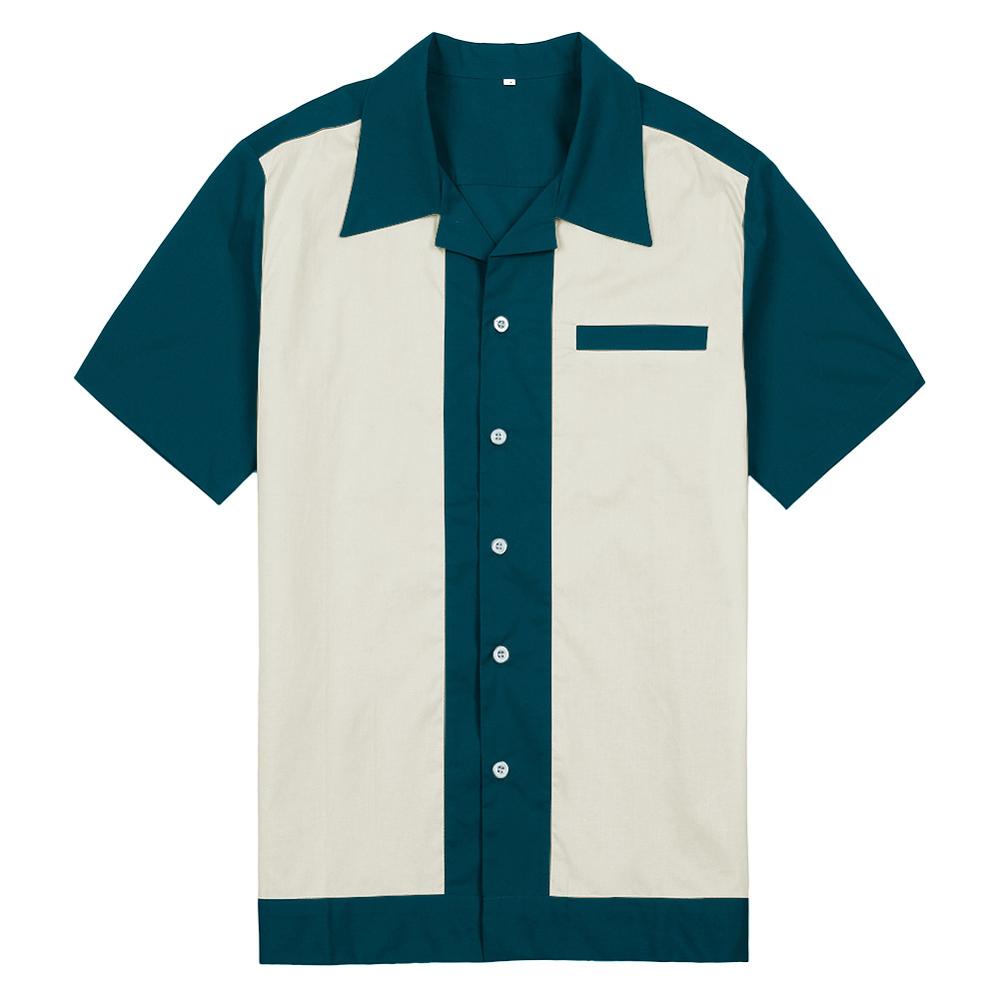 Mænd afslappet skjorte  st111 bomuld kortærmet grå blå grøn vintage rock bowling skjorte 50s mandlige tøj