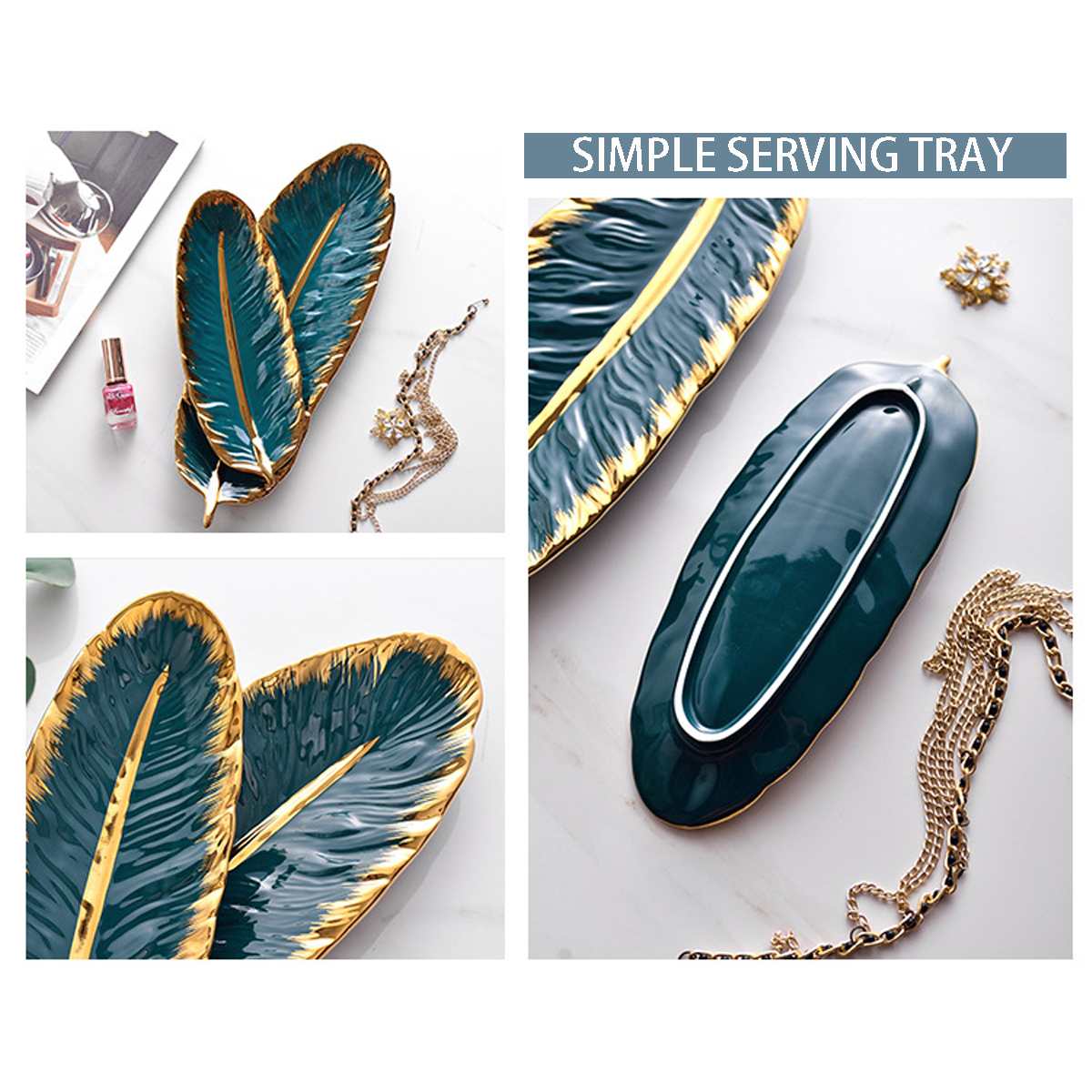 Leaf Shape Ceramic Plate Gold Porcelain Fruit Dessert Jewelry Plates Dish Dinnerware Sushi Tableware Feather Storage Tray