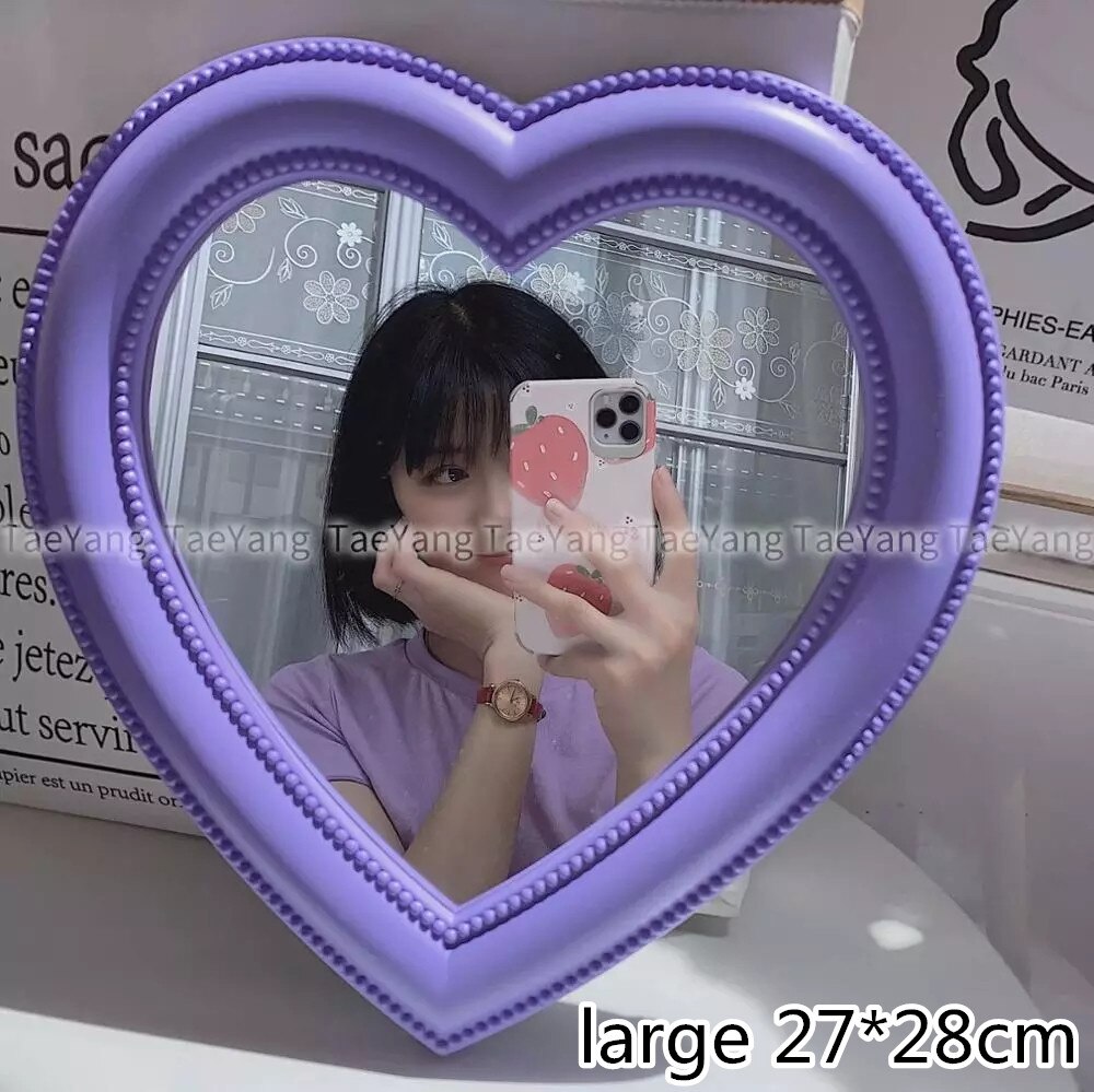 Espejo de tocador de escritorio con forma de corazón, espejo de maquillaje montado en la pared, de doble uso, para decoración de habitación de niña: Purple