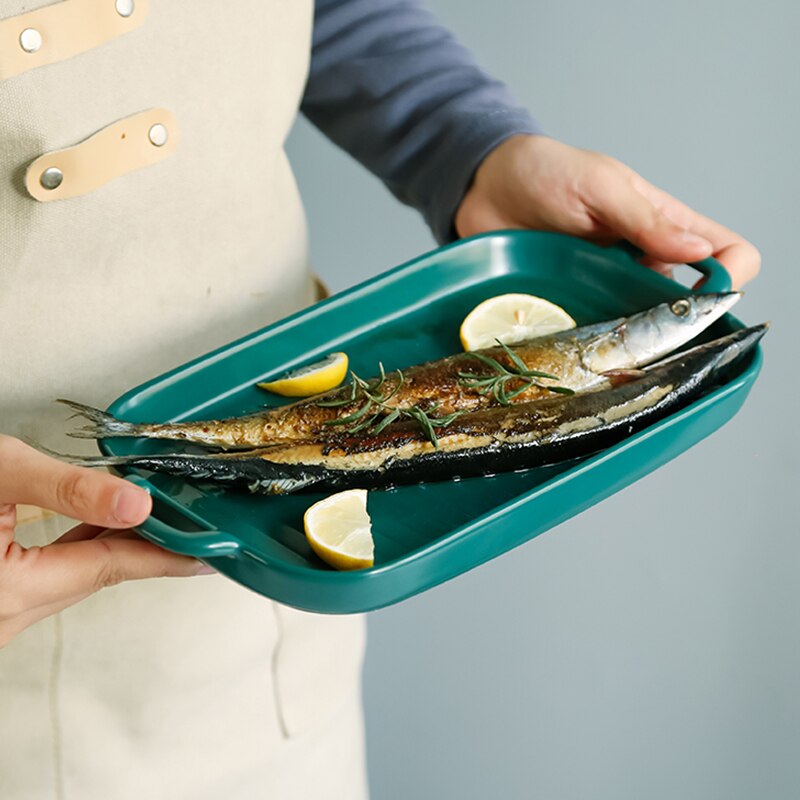 Nordic Ceramic Plate Rectangular Ceramic Plate with Handle Matte Satin Chassis Oven Baking Pan Western Roasted Wing Pan