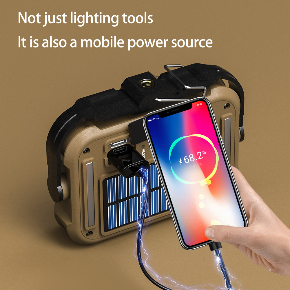 Luz de trabajo solar Luz de inundación al aire libre Carga USB Luz mecánica de camping Banco de energía móvil para taller de garaje de sitio de construcción