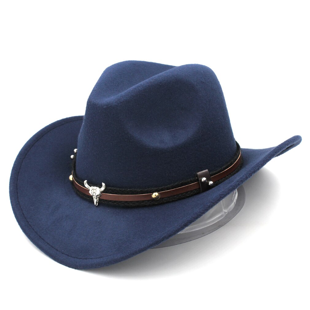 Mistdawn Wild Western Cowboy Hat Cowgirl Sombrero Cap Wool Blend Stiff Wide Brim with Tauren Leather Belt Size 56-58cm BBI: Navy Blue